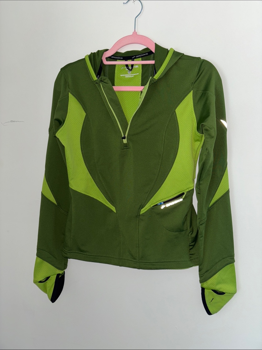 Brooks Green Performance Hooded quarter zip Jacket , sz S